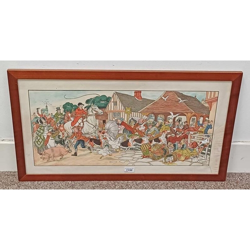 1150 - HARRY ELIOTT FOX HUNTING IN TOWN SQUARE SIGNED FRAMED WATERCOLOUR & INK 31 X 65 CM
