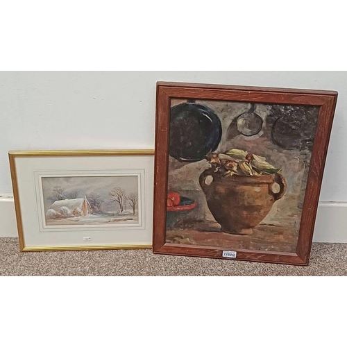 1150Q - OIL ON PANEL OF A KITCHEN INTERIOR, UNSIGNED, TOGETHER WITH A SIGNED WATERCOLOUR BY GEORGE JAMES KNO... 