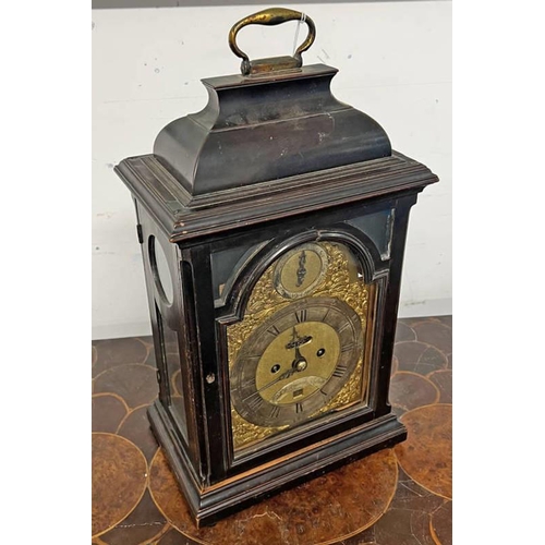 1200A - 19TH CENTURY BRACKET CLOCK WITH TWIN FUSEE MOVEMENT WITH GILT BRASS AND SILVERED DECORATED DIAL, STR... 