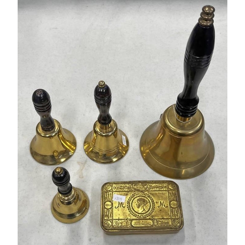 1220 - GRADUATED SET OF 4 HAND BELLS AND A CHRISTMAS 1914 TIN