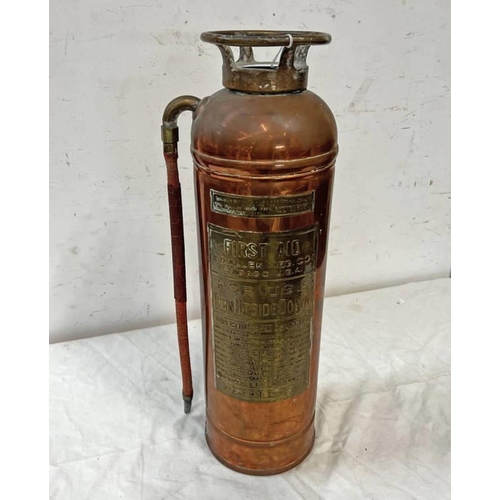 1271 - VINTAGE COPPER & BRASS FIRE EXTINGUISHER BY ALLEN MFG CO. CHICAGO USA, 61CM TALL