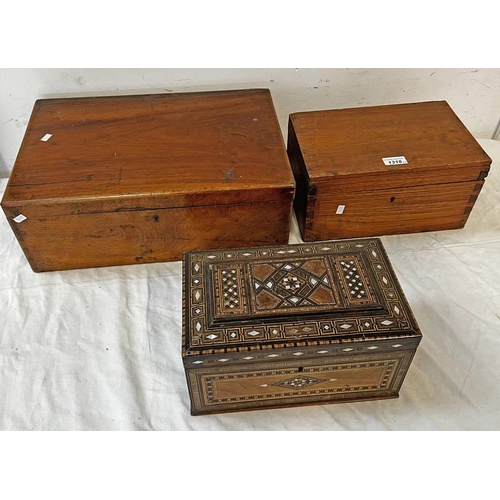 1318 - MIDDLE EASTERN BOX WITH MOTHER OF PEARL INLAY 28.5CM ACROSS ALONG WITH 2 OTHER BOXES