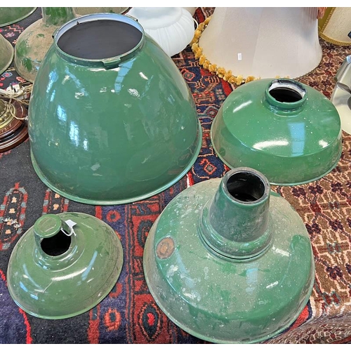 1366 - 4 VARIOUS SIZED ENAMELLED GREEN INDUSTRIAL LIGHT SHADES