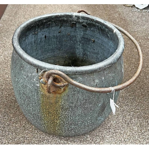 1398 - LARGE COPPER HANGING POT WITH ROLLED UPPER RIM & AN IRON SWING HANDLE, 29CM TALL