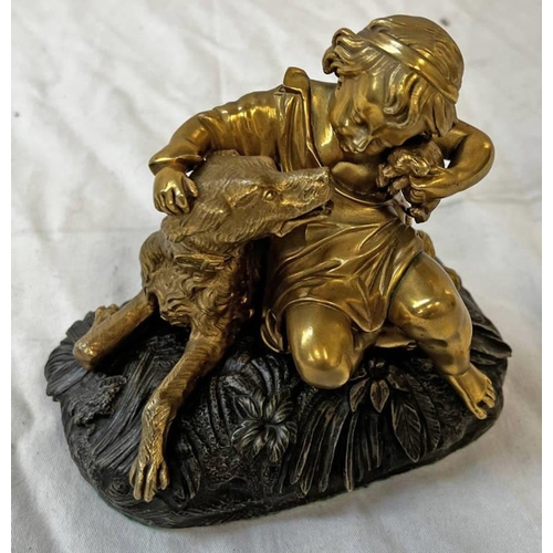 1405 - LATE 19TH OR EARLY 20TH CENTURY GILT METAL AND BRONZE FIGURE OF A GIRL WITH PUPPY AND DOG, 15CM TALL