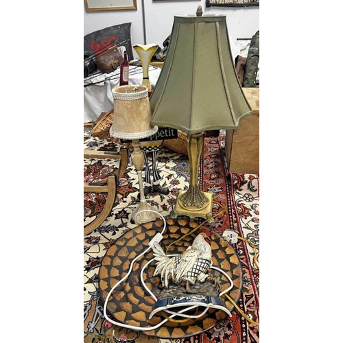 1426 - CAST IRON CHICKEN DOOR STOP, METAL CHEF FIGURE, 2 TABLE LAMPS ETC.