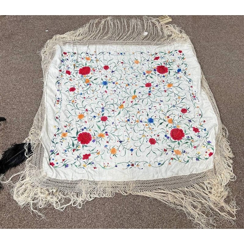1433 - LARGE EMBROIDERED SILK SHAWL DECORATED WITH FLOWERS AND FOLIAGE WITH FRILLED PERIMETER, 110 X 110CM