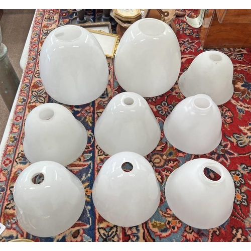 1480 - SELECTION OF WHITE GLASS SHADES INCLUDING PAIR AT 22CM TALL & 23CM WIDE
