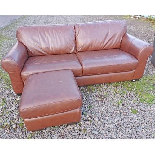 155 - BROWN LEATHER 3 SEATER WITH MATCHING FOOTSTOOL