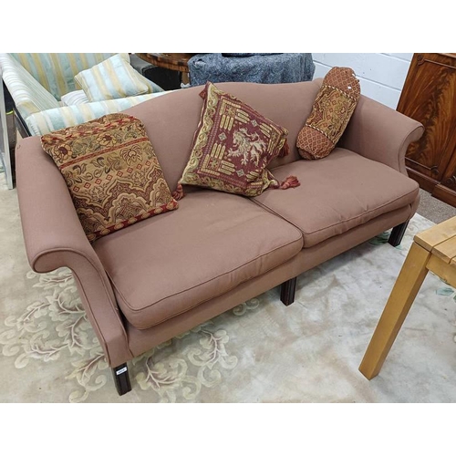 240 - 20TH CENTURY OVERSTUFFED SETTEE WITH SHAPED BACK ON SQUARE SUPPORTS