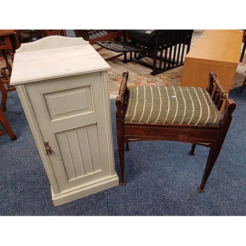 272 - LATE 19TH CENTURY PAINTED SINGLE DOOR BEDSIDE CABINET & MAHGOANY PIANO STOOL