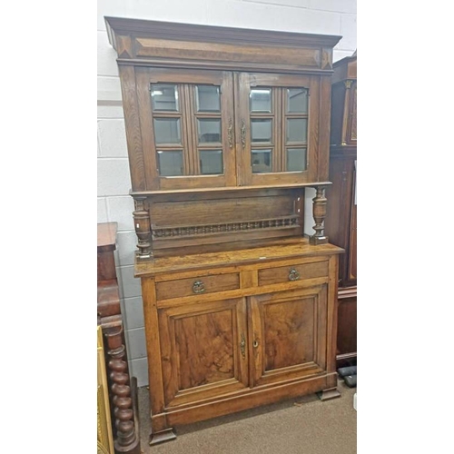 290 - 19TH CENTURY PINE & BEECH DRESSER WITH 2 GLAZED PANEL DOORS OVER BASE OF 2 DRAWERS OVER 2 PANEL DOOR... 