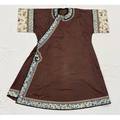 3003 - CHINESE BROWN ROBE WITH EMBROIDERED CIRCULAR PANELS OF DRAGONS WITH FLORAL DECORATED SILK HEMS - 119... 