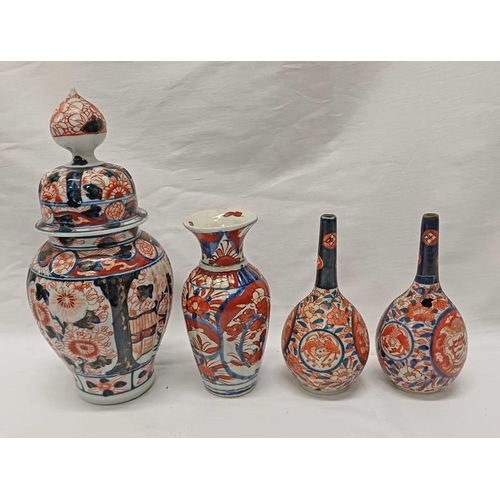 3023 - SELECTION OF ORIENTAL IMARI WARE INCLUDING PAIR BOTTLE NECK VASES - 1 DAMAGED, LIDDED VASE & BALUSTE... 