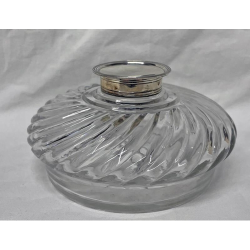 3037 - SILVER TOPPED CUT GLASS INKWELL WITH SWIRLED DECORATION, LONDON 1891 - 14CM DIAMETER