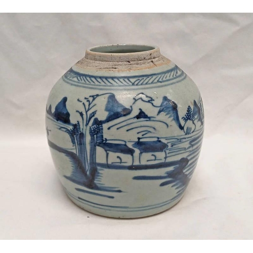 3067 - 19TH CENTURY CHINESE BLUE & WHITE JAR WITH RURAL SCENE DECORATION - 16 CM TALL