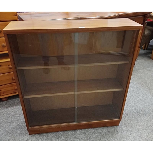 307 - TEAK BOOKCASE WITH 2 SLIDING GLASS DOORS - 100 CM TALL X 91 CM WIDE