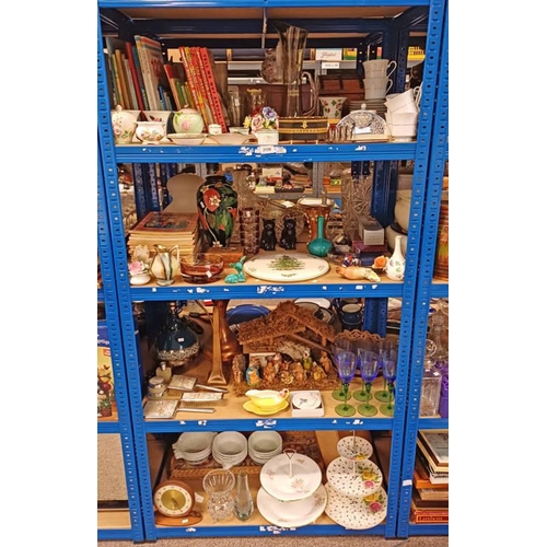 3156 - SELECTION OF VARIOUS ITEMS INCLUDING VASES, NATIVITY SET, CAKE STANDS AND OTHERS OVER FOUR SHELVES