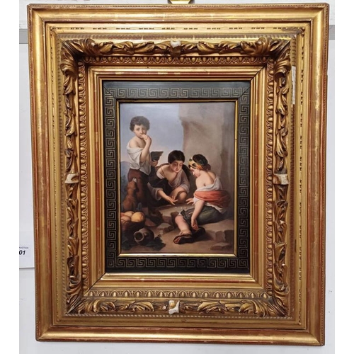 3161 - GILT FRAMED KPM PORCELAIN PLAQUE DEPICTING YOUNG BOYS PLAYING DICE BY MURILLO - 25 X 18.5 CM