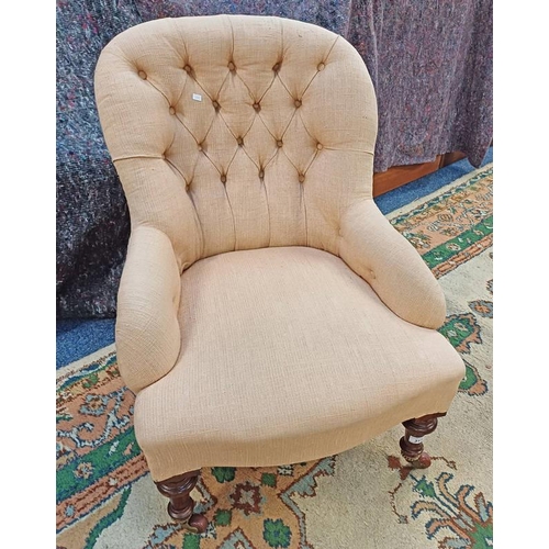 317 - 19TH CENTURY BUTTONED BACK NURSING CHAIR ON TURNED MAHOGANY SUPPORTS