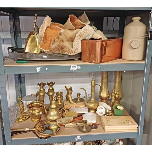 3182 - SELECTION OF VARIOUS ITEMS INCLUDING PAIRS OF BRASS VASES, COPPER PLANTER, FIRE COMPANION SET, CANDL... 