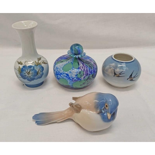3197 - 2 ROYAL COPENHAGEN VASES, BING & GRONDAHL PORCELAIN BIRD & ART GLASS SCENT BOTTLE
