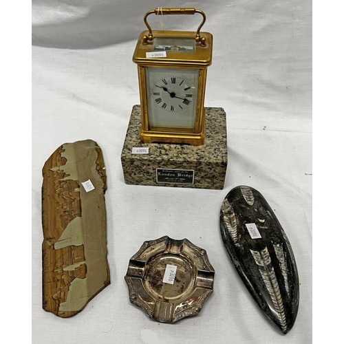 3215 - GILT BRASS CARRIAGE CLOCK, 2 FOSSIL SECTIONS, ETC.