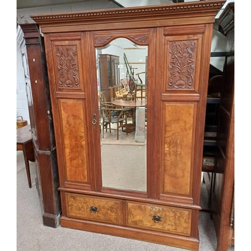 331 - LATE 19TH CENTURY WALNUT MIRROR DOOR WARDROBE WITH SINGLE LONG DRAWER TO BASE - 210 CM TALL