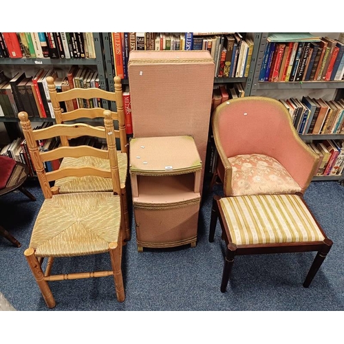 347 - BASKET WEAVE CHAIR, BEDSIDE, PAIR OF PINE CHAIRS ETC.