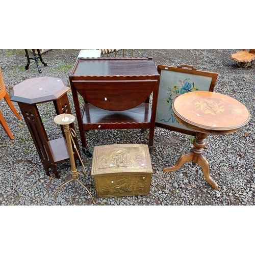 52 - INLAID OAK CIRCULAR PEDESTAL TABLE, OCTAGONAL PLANT STAND, MAHOGANY TROLLEY, ETC.