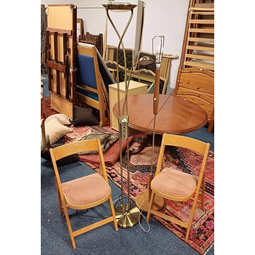 53 - TEAK & METAL STANDARD LAMP ON CIRCULAR BASE, METAL UPLIGHTER & PAIR OF FOLDING CHAIRS
