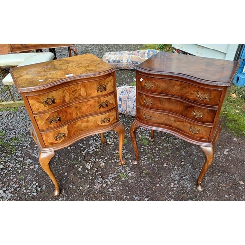 68 - 2  20TH CENTURY WALNUT 3 DRAWER CHESTS WITH SHAPED FRONTS ON QUEEN-ANNE SUPPORTS - 77 CM TALL X 52 C... 