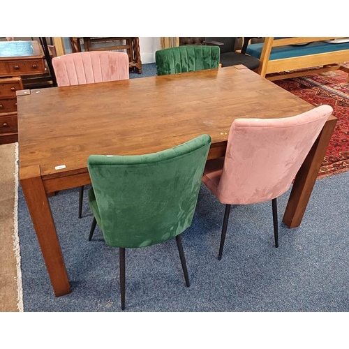 80 - HARDWOOD RECTANGULAR DINING TABLE & SET OF 4 OVERSTUFFED DINING CHAIRS - TABLE 150 CM LONG