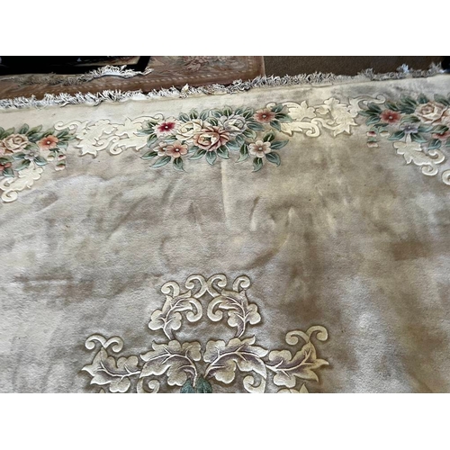 1512 - LARGE ORIENTAL FLORAL DECORATED CARPET WITH FRILLED ENDS, 380 X 360CM
