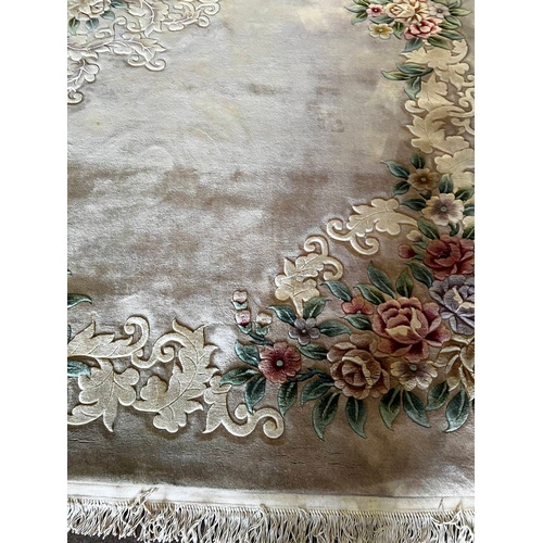 1512 - LARGE ORIENTAL FLORAL DECORATED CARPET WITH FRILLED ENDS, 380 X 360CM