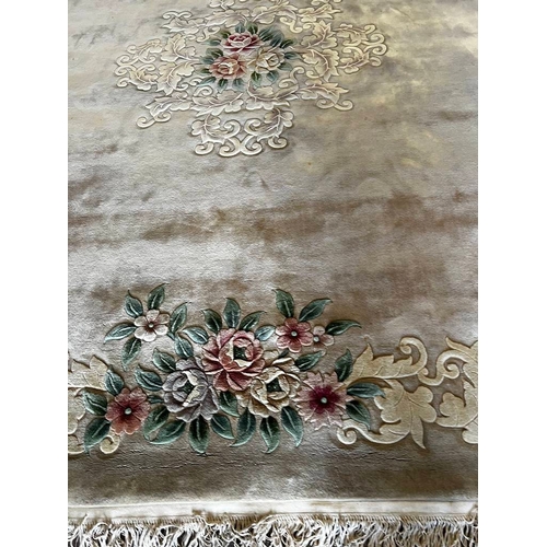 1512 - LARGE ORIENTAL FLORAL DECORATED CARPET WITH FRILLED ENDS, 380 X 360CM