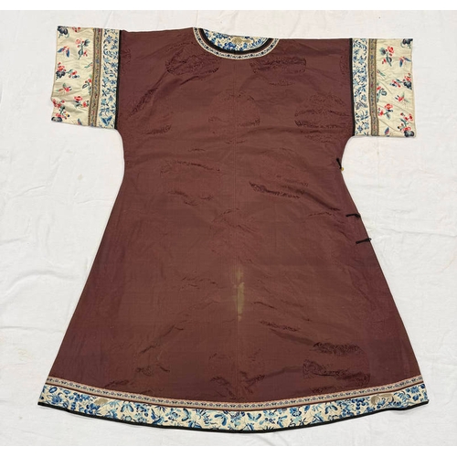 3003 - CHINESE BROWN ROBE WITH EMBROIDERED CIRCULAR PANELS OF DRAGONS WITH FLORAL DECORATED SILK HEMS - 119... 