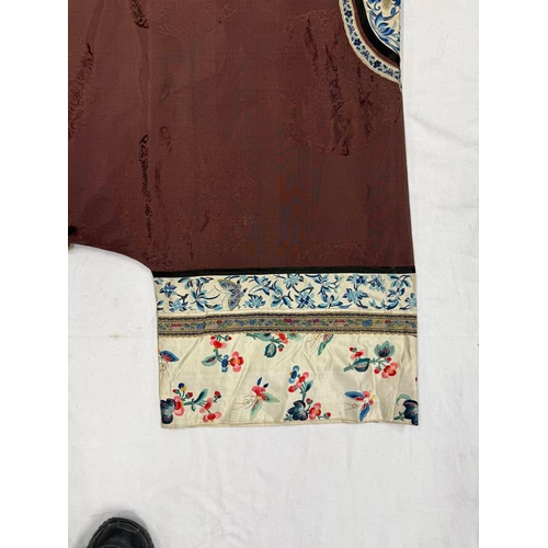 3003 - CHINESE BROWN ROBE WITH EMBROIDERED CIRCULAR PANELS OF DRAGONS WITH FLORAL DECORATED SILK HEMS - 119... 