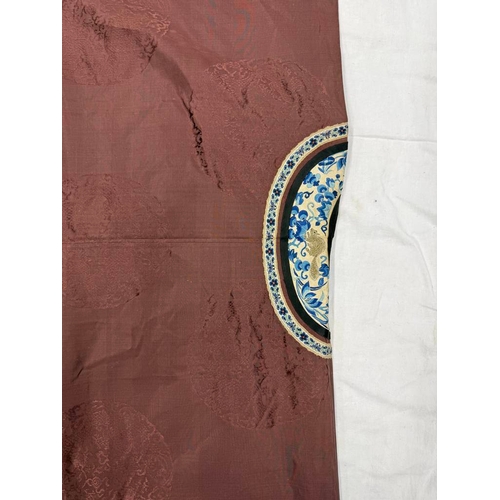 3003 - CHINESE BROWN ROBE WITH EMBROIDERED CIRCULAR PANELS OF DRAGONS WITH FLORAL DECORATED SILK HEMS - 119... 