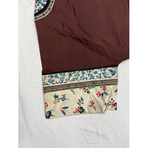 3003 - CHINESE BROWN ROBE WITH EMBROIDERED CIRCULAR PANELS OF DRAGONS WITH FLORAL DECORATED SILK HEMS - 119... 