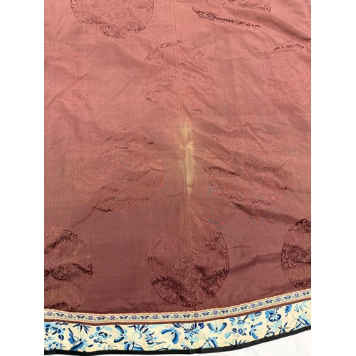 3003 - CHINESE BROWN ROBE WITH EMBROIDERED CIRCULAR PANELS OF DRAGONS WITH FLORAL DECORATED SILK HEMS - 119... 