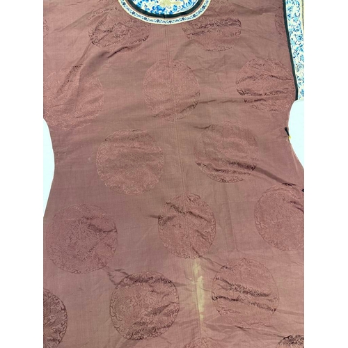 3003 - CHINESE BROWN ROBE WITH EMBROIDERED CIRCULAR PANELS OF DRAGONS WITH FLORAL DECORATED SILK HEMS - 119... 