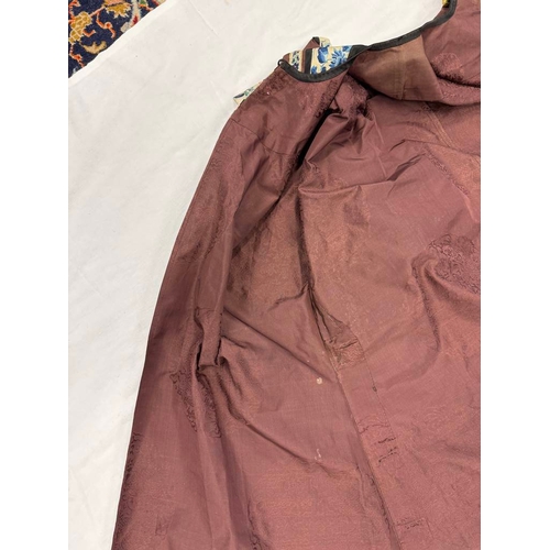 3003 - CHINESE BROWN ROBE WITH EMBROIDERED CIRCULAR PANELS OF DRAGONS WITH FLORAL DECORATED SILK HEMS - 119... 