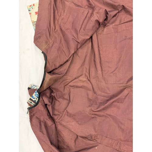 3003 - CHINESE BROWN ROBE WITH EMBROIDERED CIRCULAR PANELS OF DRAGONS WITH FLORAL DECORATED SILK HEMS - 119... 