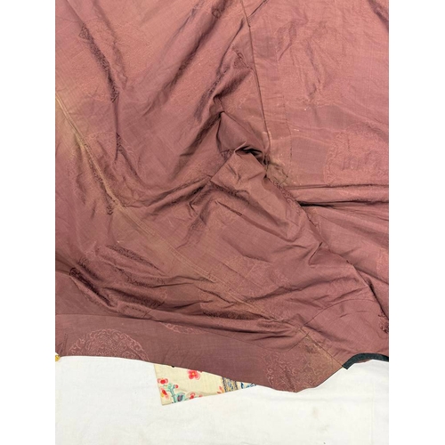 3003 - CHINESE BROWN ROBE WITH EMBROIDERED CIRCULAR PANELS OF DRAGONS WITH FLORAL DECORATED SILK HEMS - 119... 