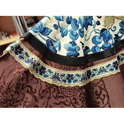 3003 - CHINESE BROWN ROBE WITH EMBROIDERED CIRCULAR PANELS OF DRAGONS WITH FLORAL DECORATED SILK HEMS - 119... 