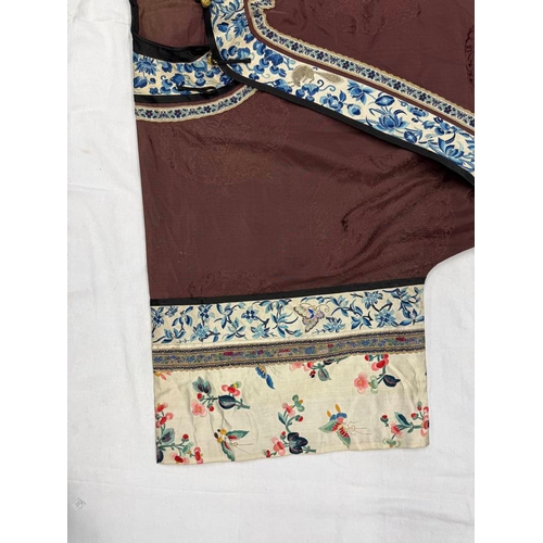 3003 - CHINESE BROWN ROBE WITH EMBROIDERED CIRCULAR PANELS OF DRAGONS WITH FLORAL DECORATED SILK HEMS - 119... 