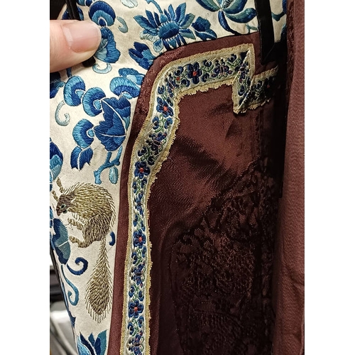 3003 - CHINESE BROWN ROBE WITH EMBROIDERED CIRCULAR PANELS OF DRAGONS WITH FLORAL DECORATED SILK HEMS - 119... 