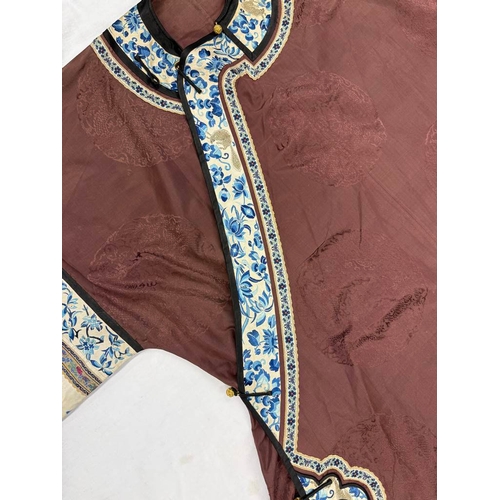 3003 - CHINESE BROWN ROBE WITH EMBROIDERED CIRCULAR PANELS OF DRAGONS WITH FLORAL DECORATED SILK HEMS - 119... 