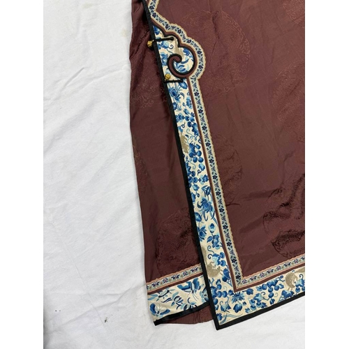 3003 - CHINESE BROWN ROBE WITH EMBROIDERED CIRCULAR PANELS OF DRAGONS WITH FLORAL DECORATED SILK HEMS - 119... 